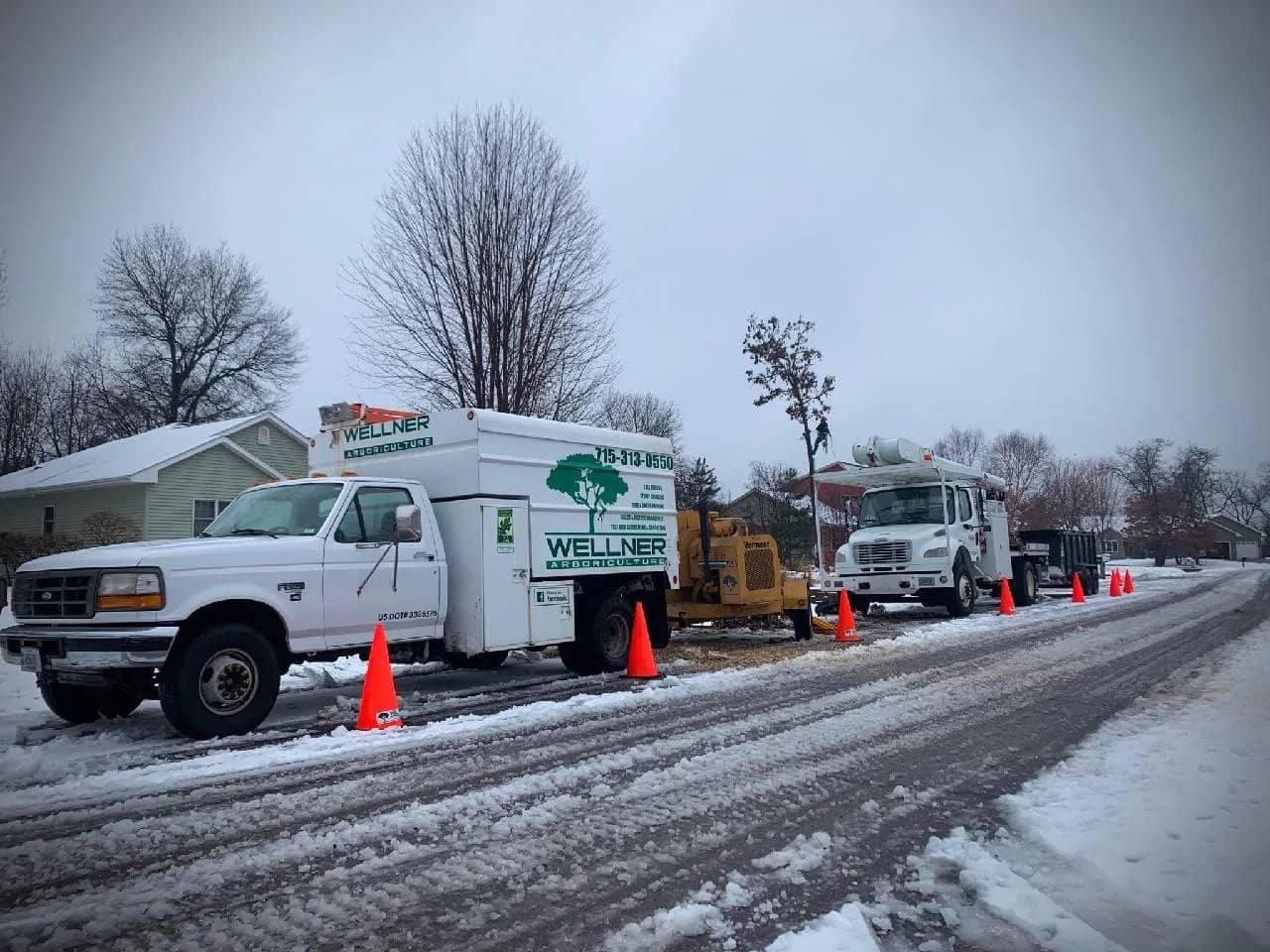 Tree service trucks and a wood chipper beside cones on a snowy street.