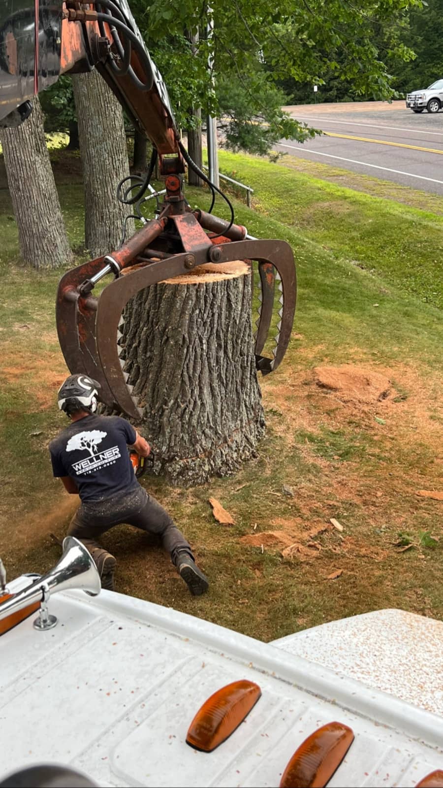 Grapple holding a large trunk section above a worker.