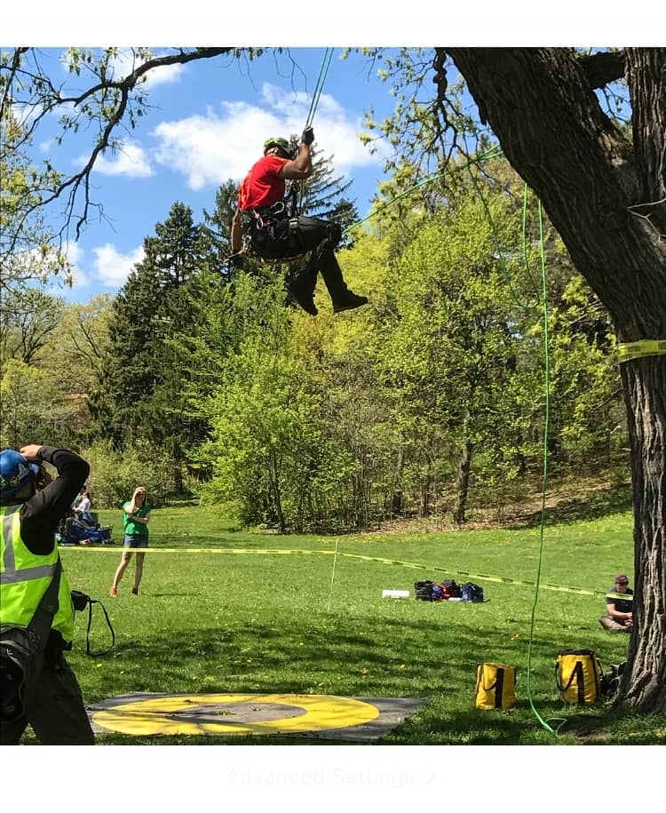 Rope climber suspended from a tree while people watch from the lawn.