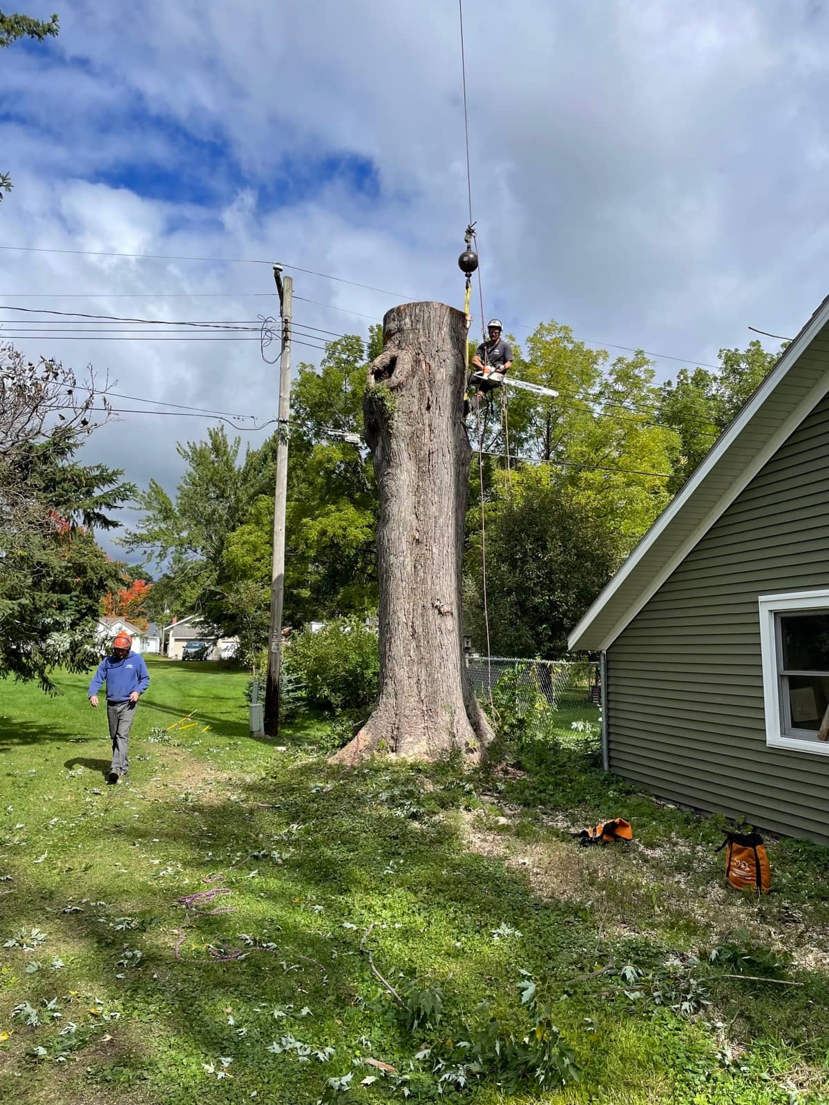 Crane lifting a trunk section beside a house.